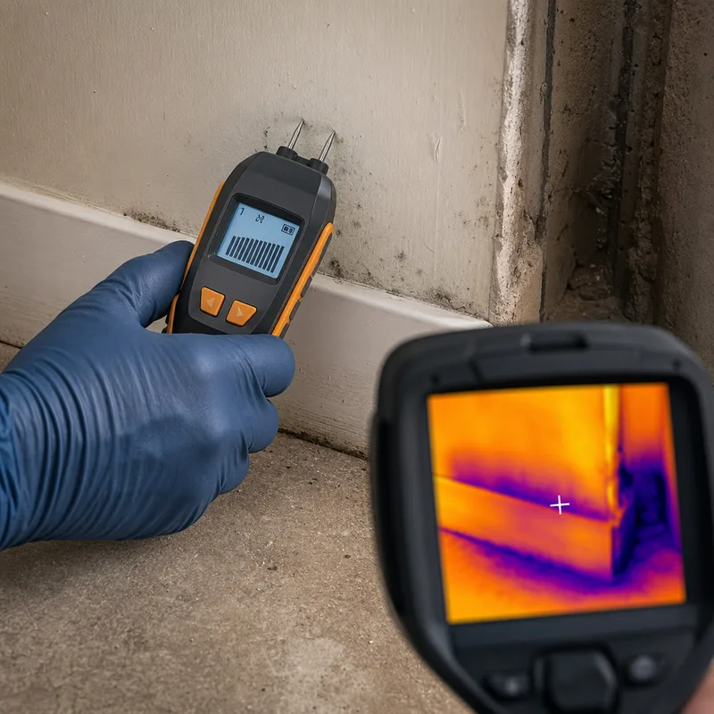Pin-type moisture meter reading near a basement baseboard with thermal imaging showing a possible moisture anomaly