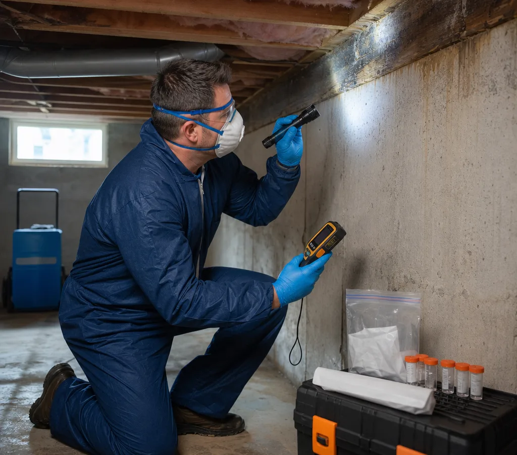 Inspector in protective equipment using a moisture meter and flashlight to examine a basement wall and rim joist