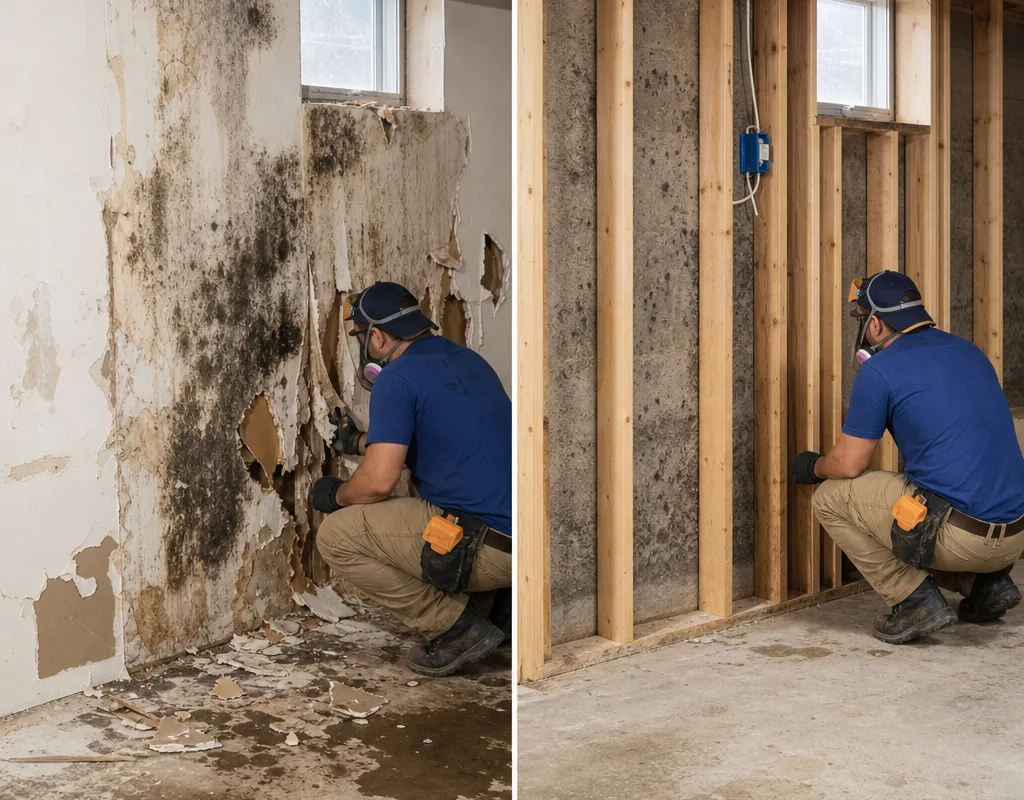 Before and after basement wall showing stained damaged drywall and the cleaned framing after removal