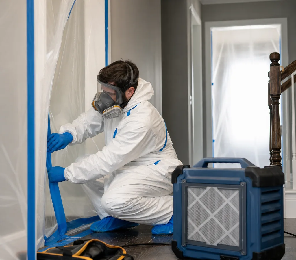 Technician in protective equipment setting up plastic containment and a HEPA air scrubber in a residential hallway