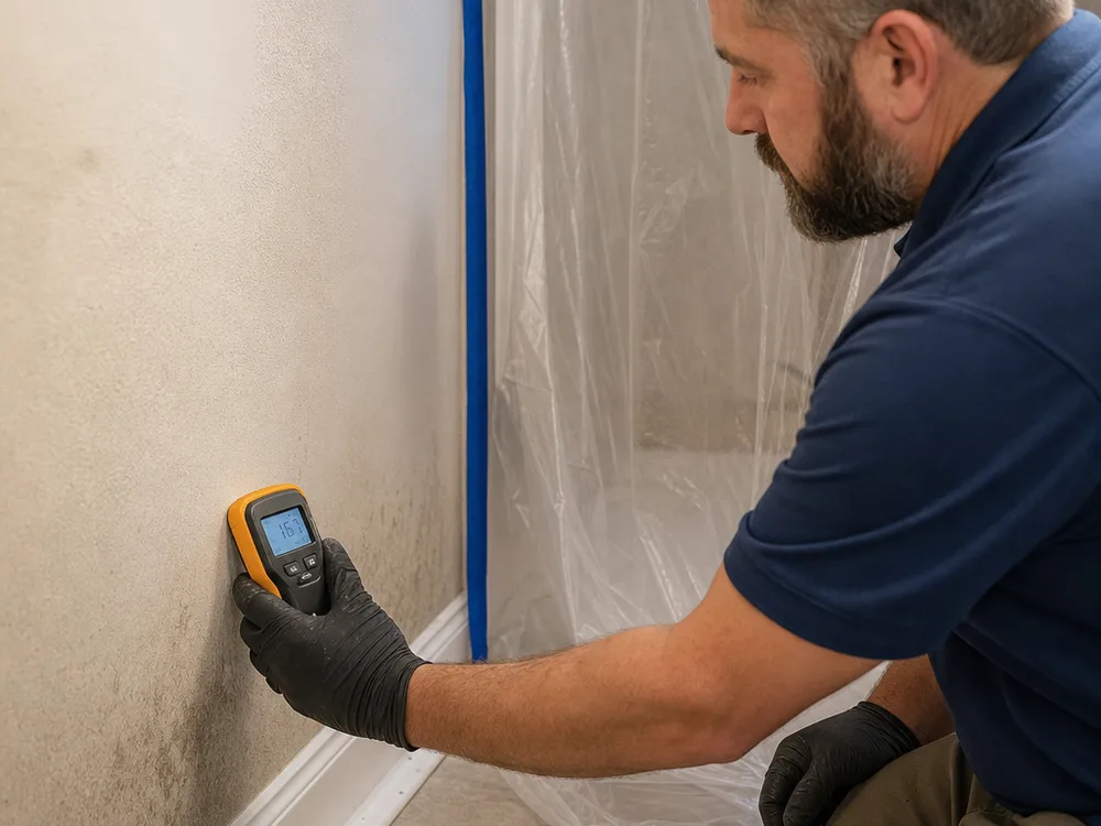 Moisture meter reading on drywall near a baseboard with containment plastic visible in the background